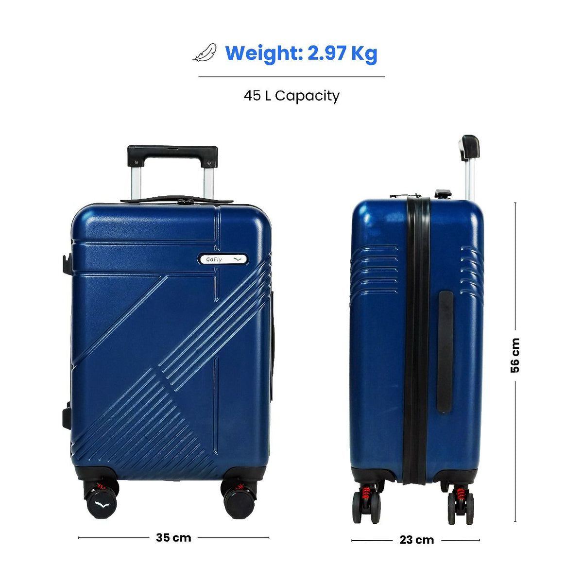 Navy Blue suitcase with dimensions and weight information on a white background
