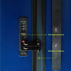 Navy Blue suitcase with TSA-approved lock and waterproof zippers labeled on a blue background
