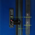 Navy Blue suitcase with TSA-approved lock and waterproof zippers labeled on a blue background