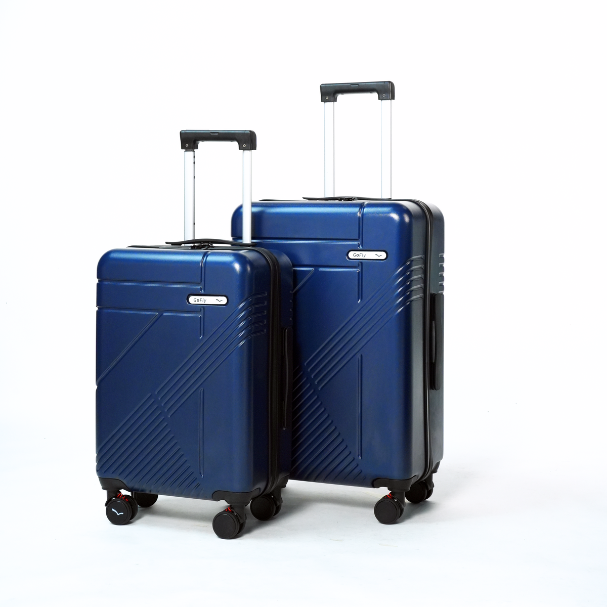 Two blue suitcases with a geometric pattern on a white background