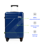 Navy Blue suitcase with features highlighted on a white background