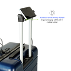 Blue suitcase with an aviation-grade trolley handle and built-in mobile holder on a white background.