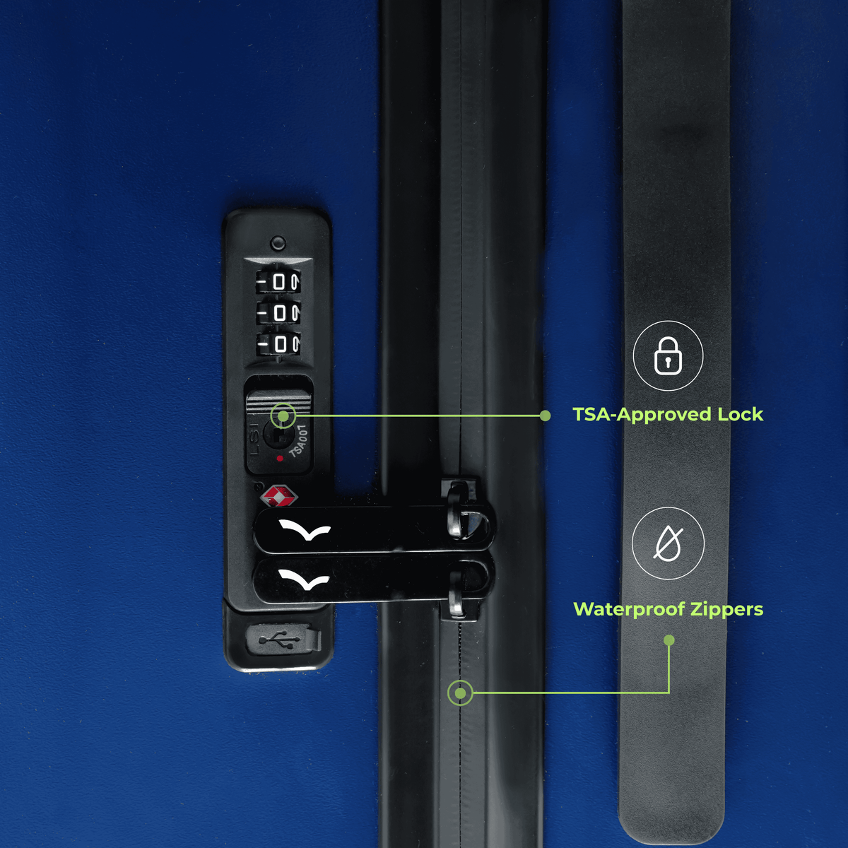 Blue suitcase with TSA-approved lock and waterproof zippers on a blue background