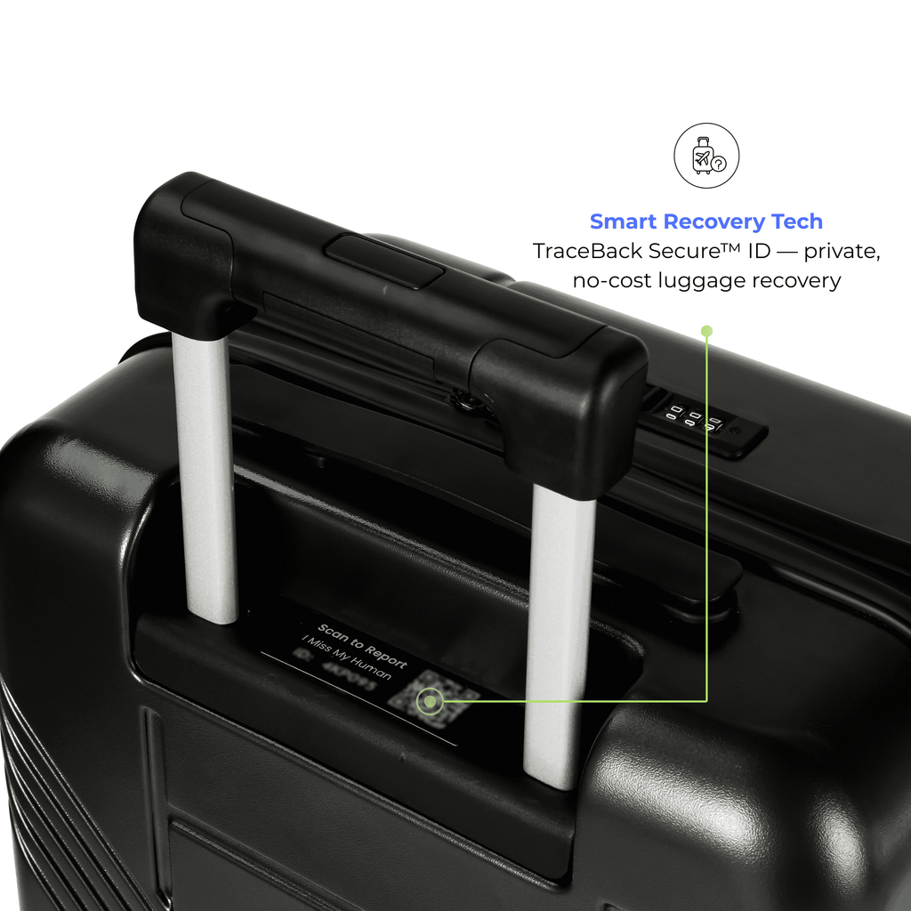 Black suitcase with Smart Recovery Tech feature on a white background
