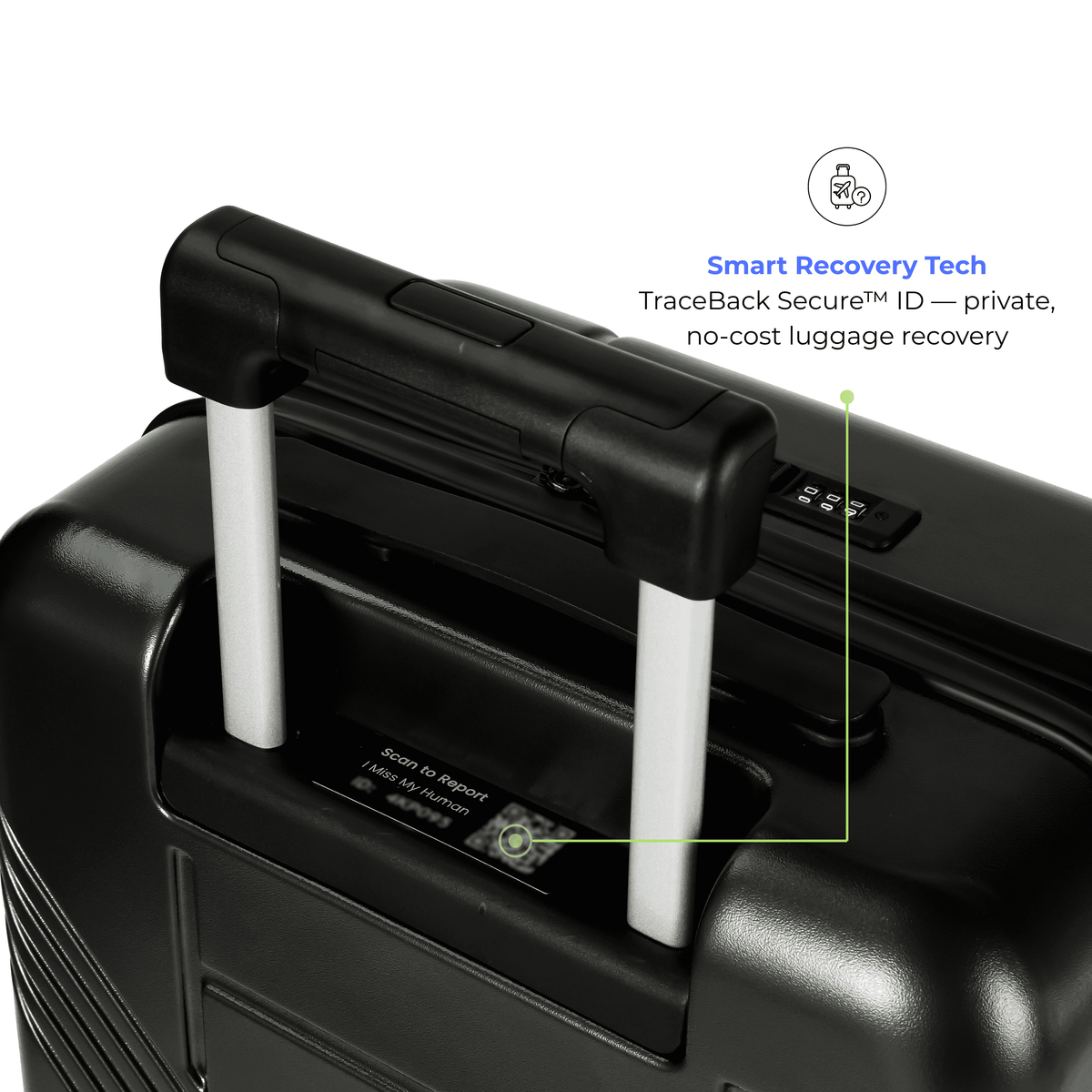 Black suitcase with Smart Recovery Tech feature on a white background