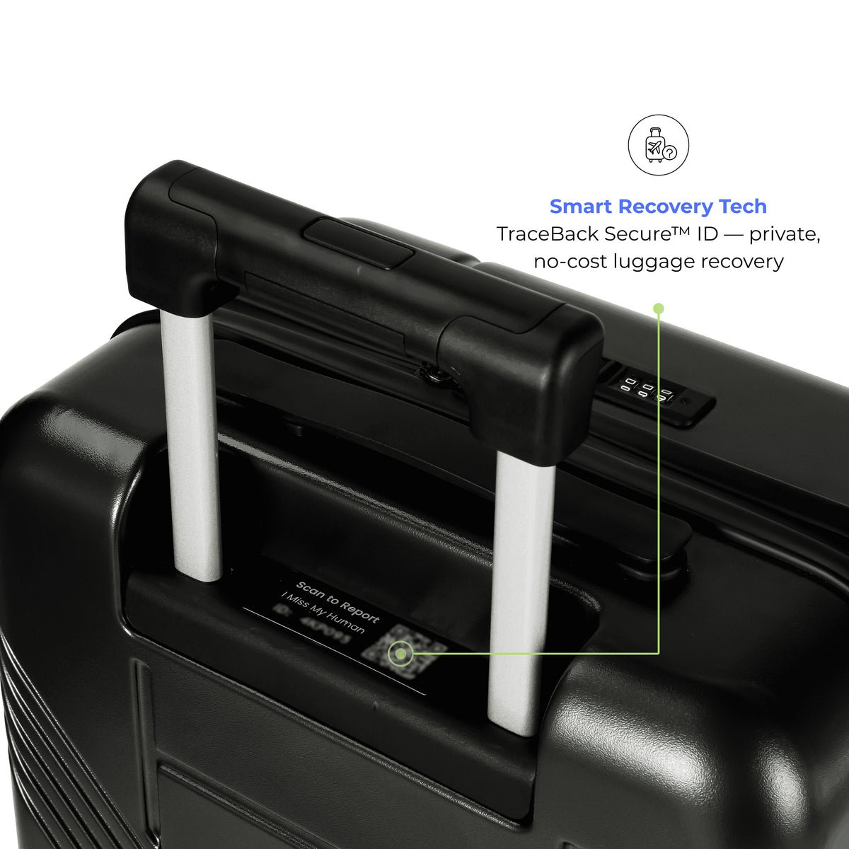 Black suitcase with Smart Recovery Tech feature on a white background