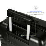 Black suitcase with Smart Recovery Tech feature on a white background