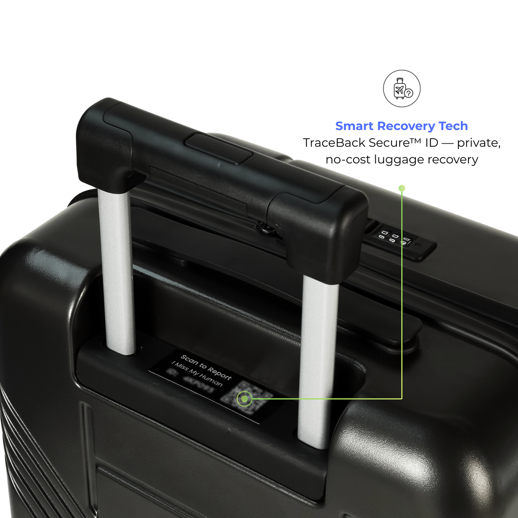 Black suitcase with smart recovery technology features on a white background