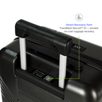 Black suitcase with smart recovery technology features on a white background