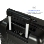 Black suitcase with smart recovery technology features on a white background