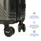 Suitcase wheel with joint movement, shock absorption, and weight capacity features highlighted.