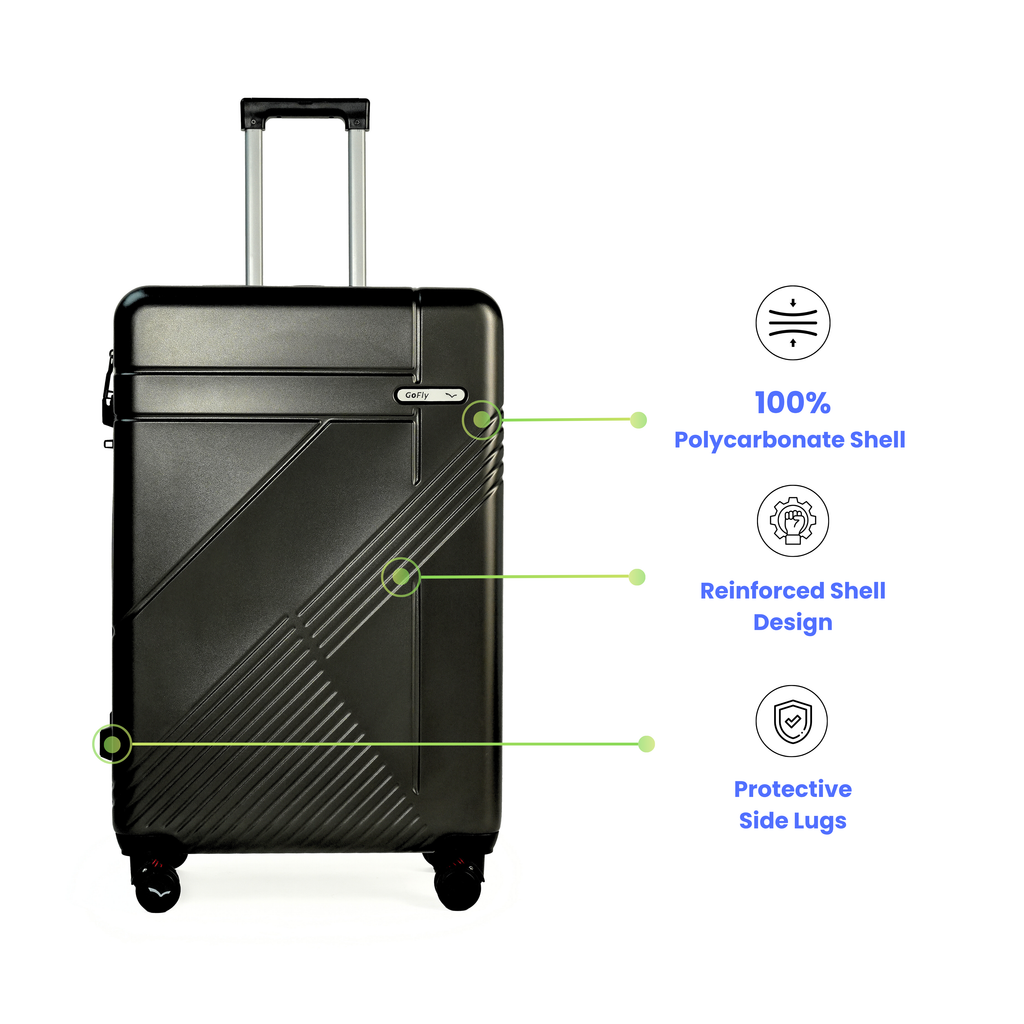Black suitcase with features highlighted on a white background
