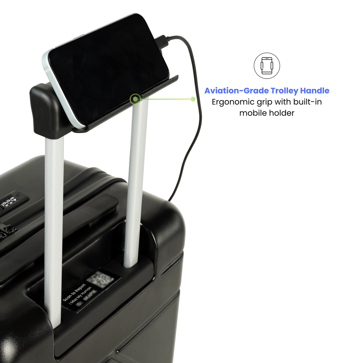 Black suitcase with aviation-grade trolley handle and built-in mobile holder on a white background