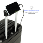 Black suitcase with aviation-grade trolley handle and built-in mobile holder on a white background