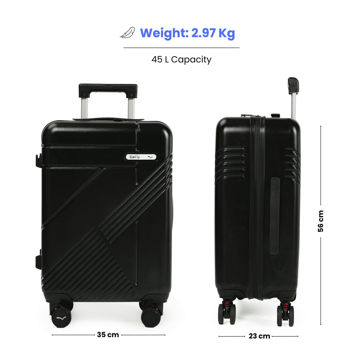 Black suitcase with measurements and weight information on a white background
