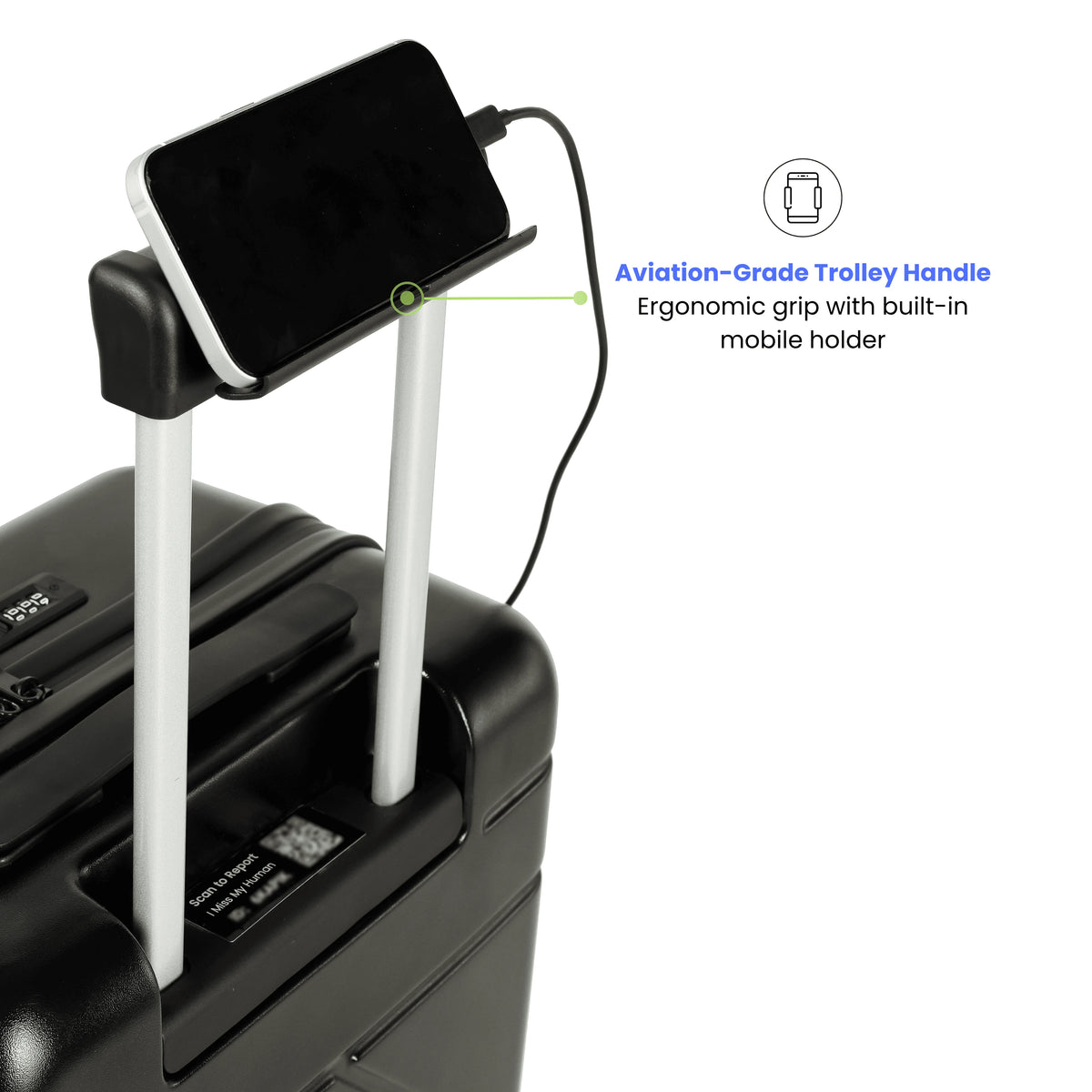 Black suitcase with aviation-grade trolley handle and built-in mobile holder on a white background