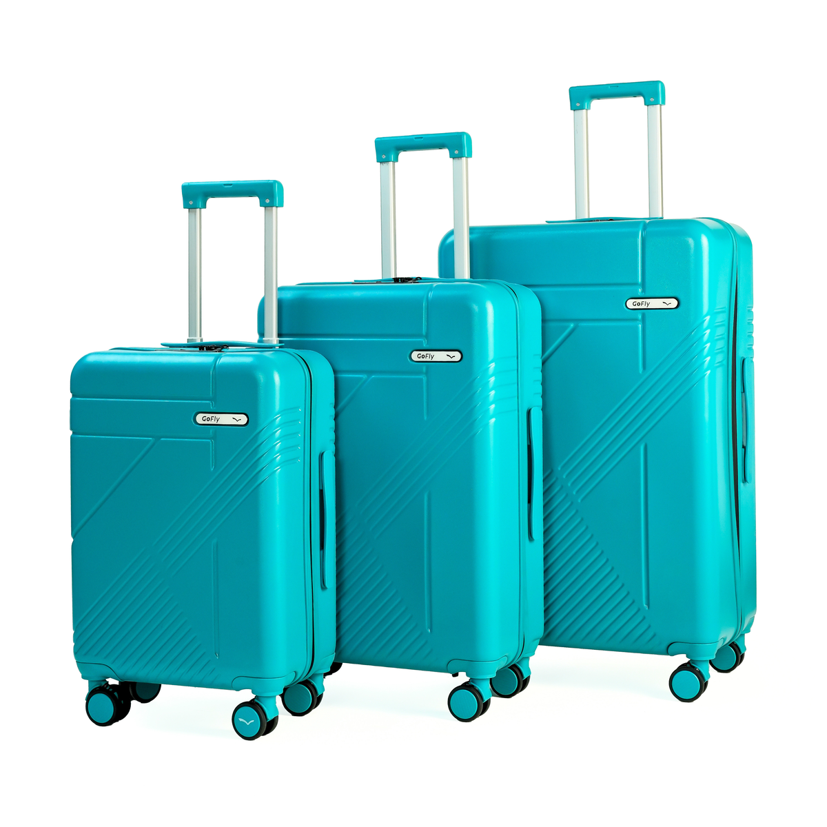Set of three turquoise suitcases with matching handles and wheels on a white background