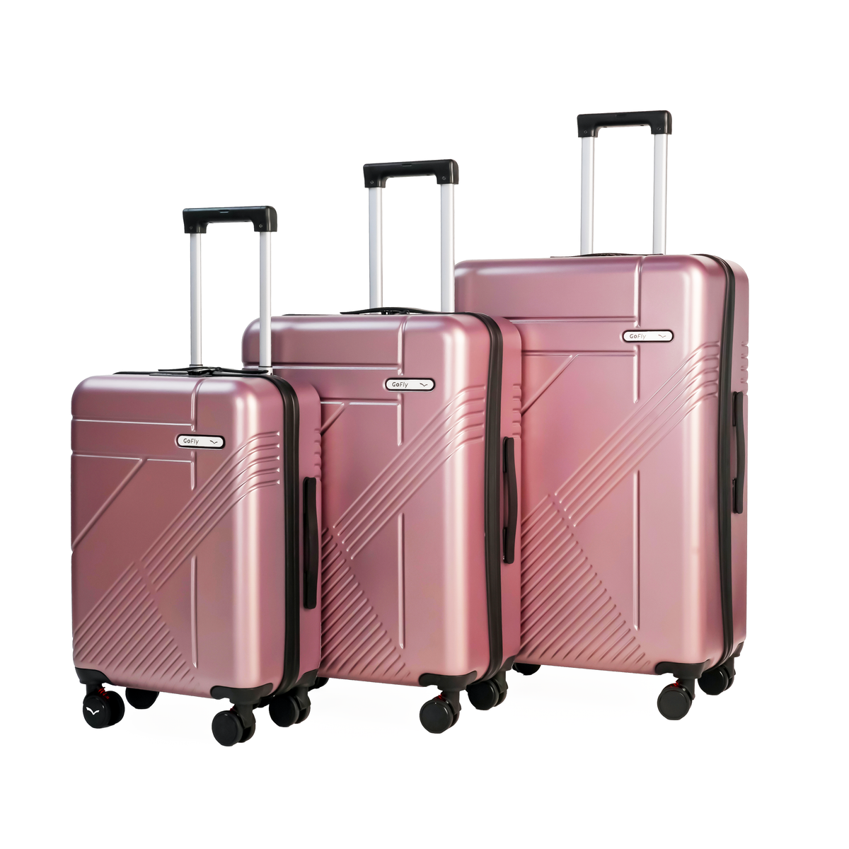 Set of three golden hour suitcases with black handles and wheels on a white background