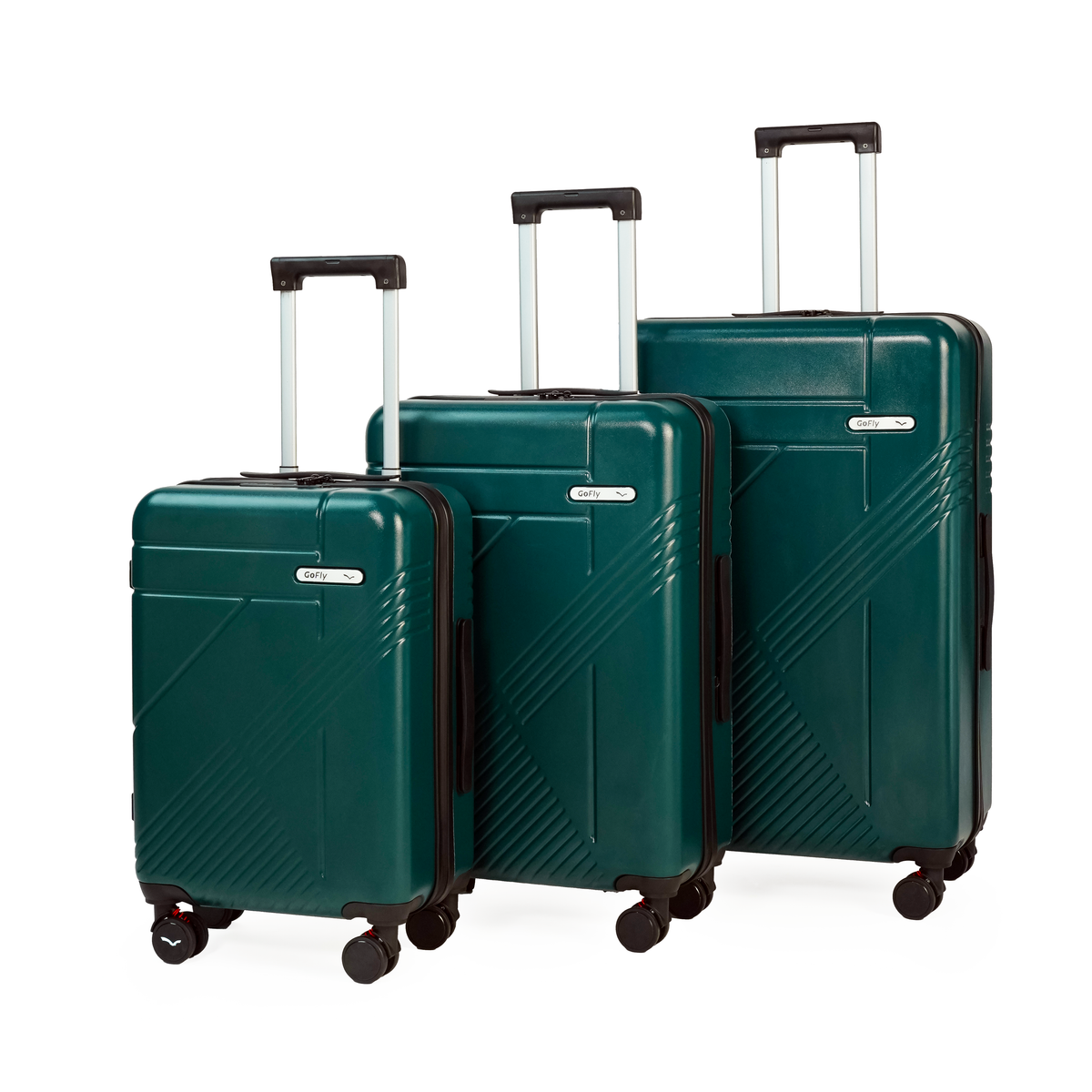 Set of three dark green suitcases with a white background