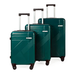 Set of three dark  green suitcases with visible brand name on a white background