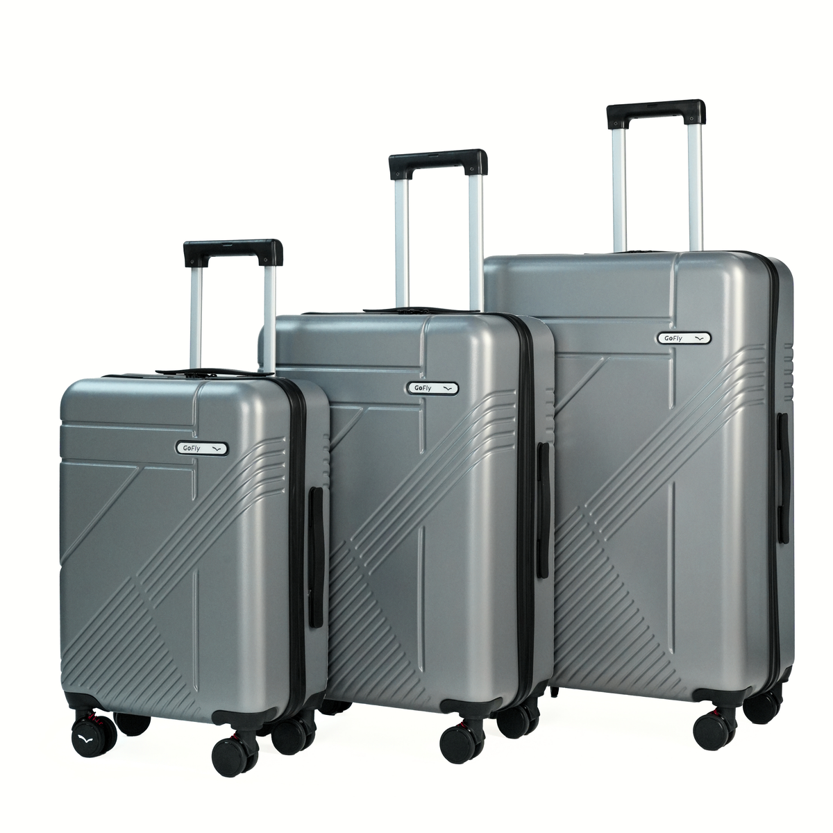 Set of three gray suitcases with black handles and wheels on a white background