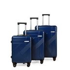 Set of three blue suitcases with black handles and wheels on a white background