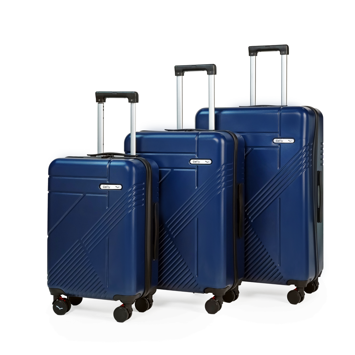 Three Navy-blue suitcases of different sizes on a white background