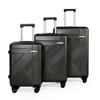 Set of three black suitcases with geometric patterns on a white background