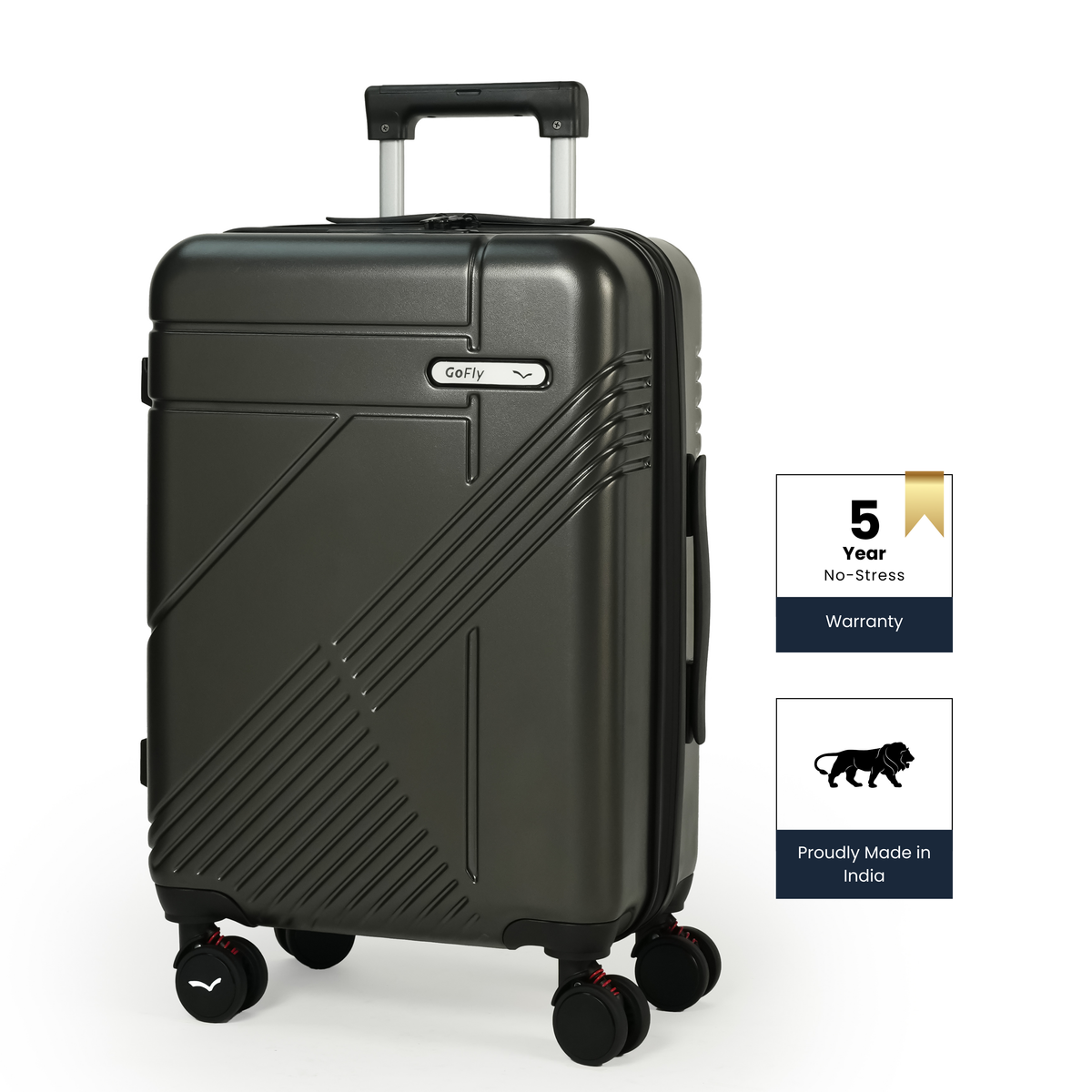 Black suitcase with brand logo and warranty information on a white background