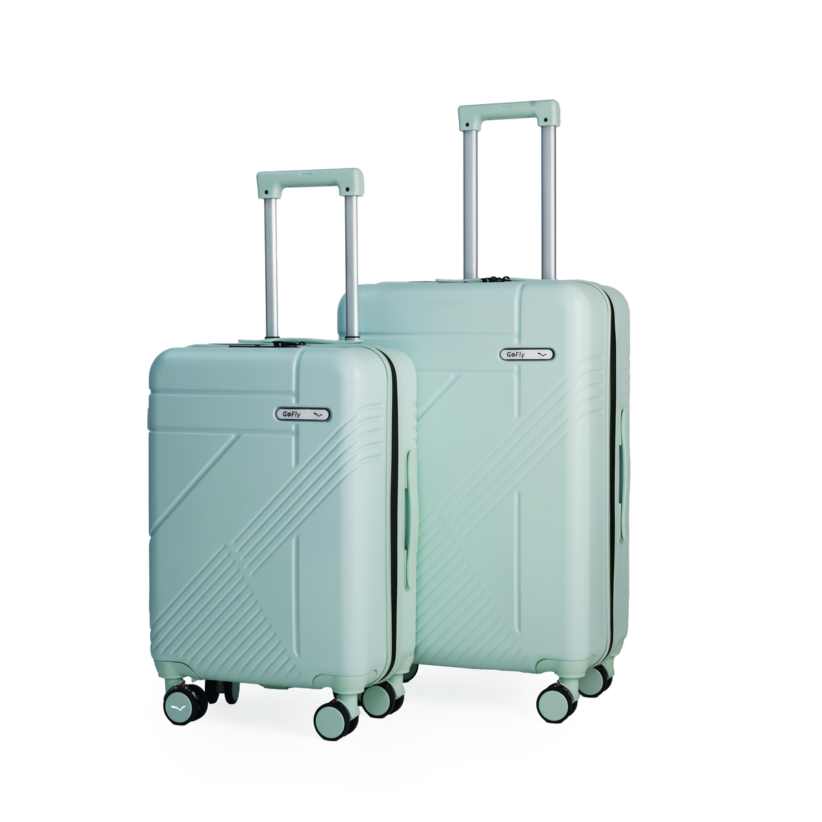 Two light blue suitcases with wheels on a white background
