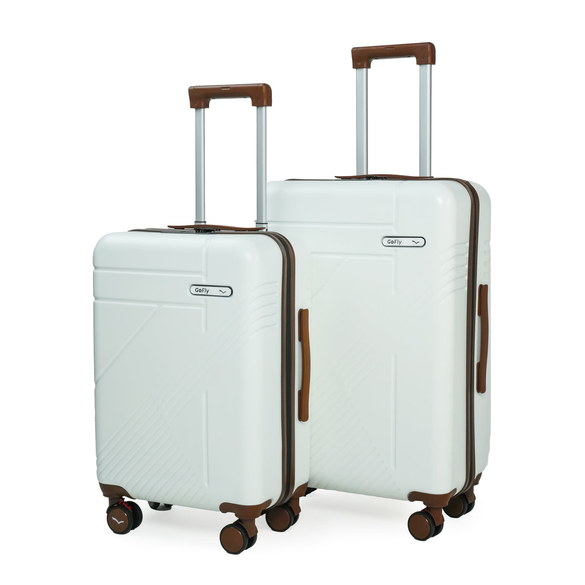 Two white suitcases with brown handles and wheels on a white background