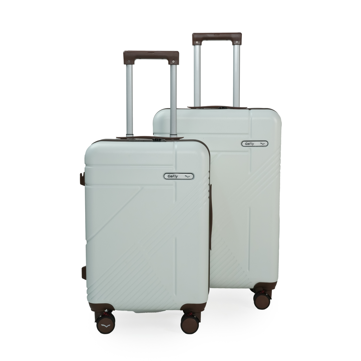Two light green suitcases with wheels on a white background