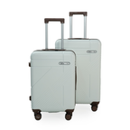 Two light green suitcases with wheels on a white background
