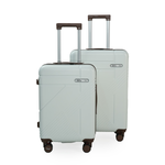 Two light green suitcases with wheels on a white background