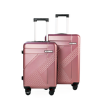 Two rose gold suitcases with black wheels on a white background