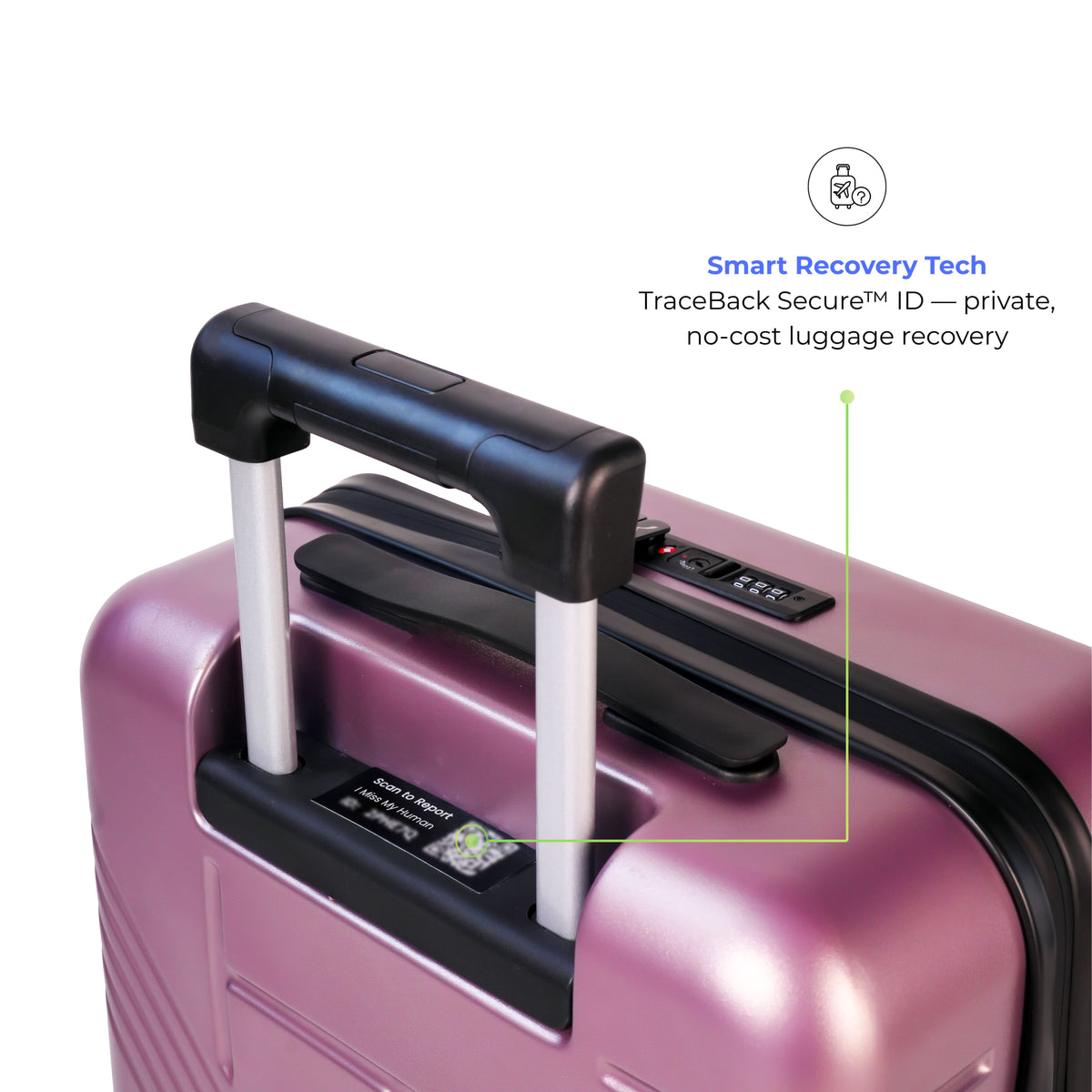 Pink suitcase with smart recovery technology features on a white background