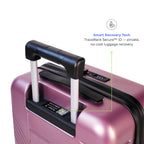 Pink suitcase with smart recovery technology features on a white background