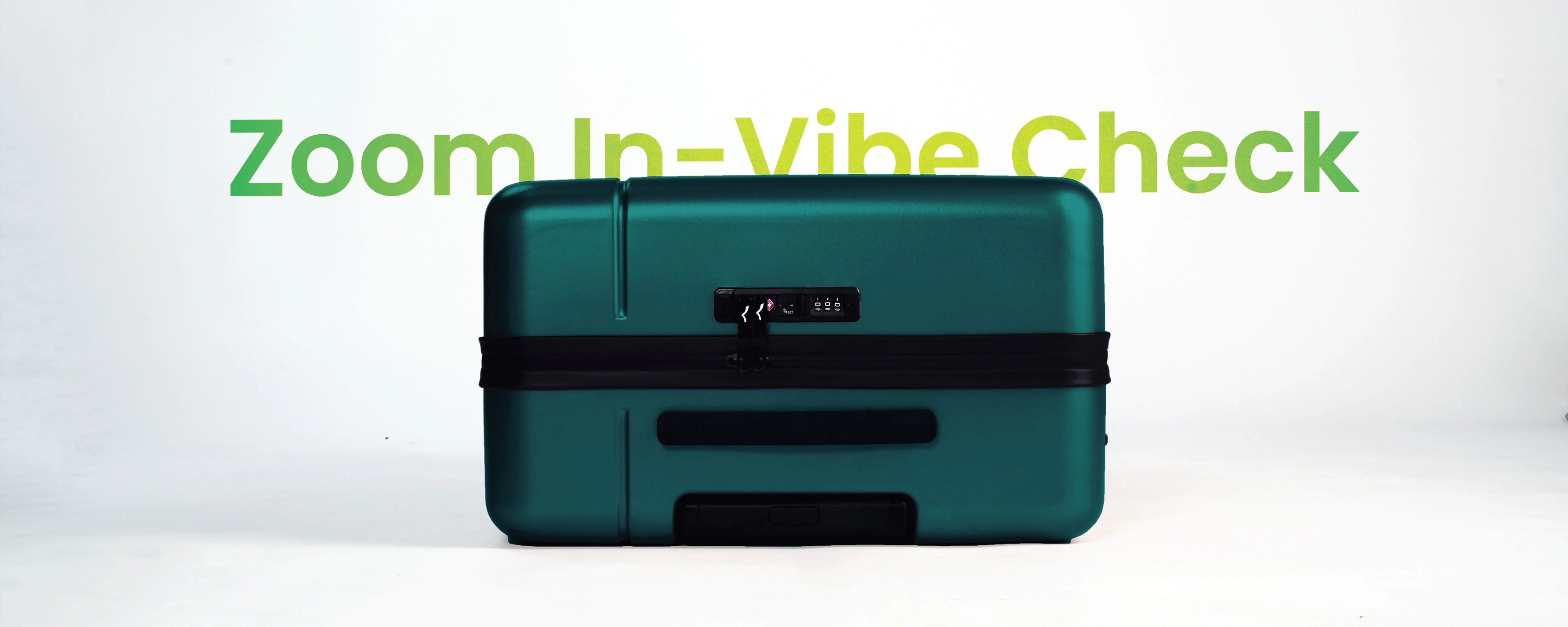 Teal electronic device with 'Zoom In-Vibe Check' text on a white background