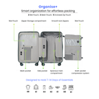 Smart organization features of a suitcase with labeled compartments on a white background