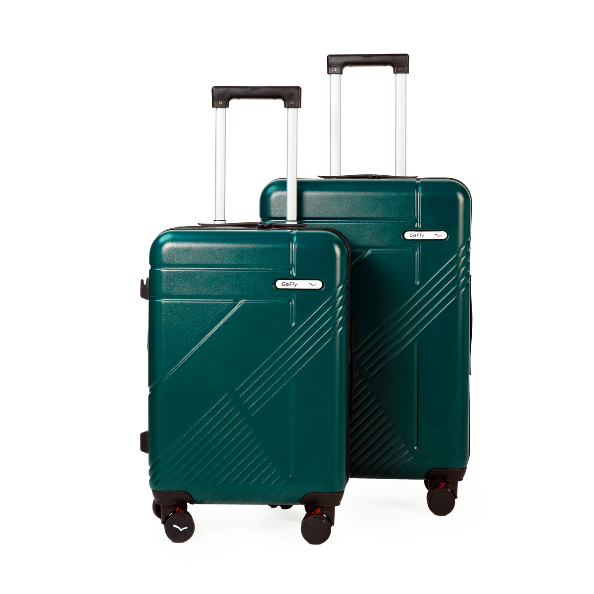 Two green suitcases with black handles and wheels on a white background