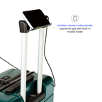 Dark Green suitcase with an aviation-grade trolley handle and built-in mobile holder on a white background.