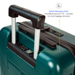 Dark Green suitcase with a handle and visible Smart Recovery Tech feature on a white background
