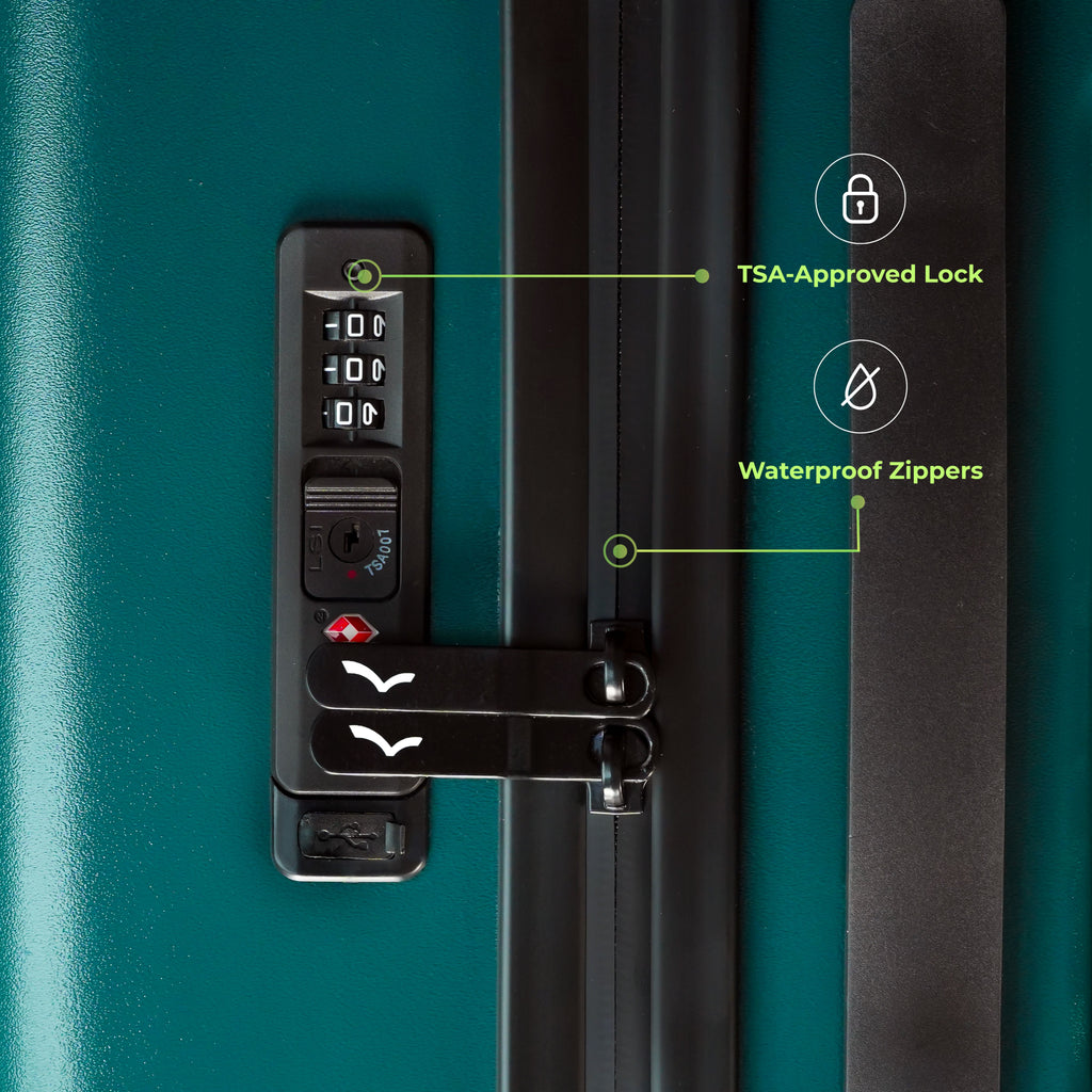 Teal suitcase with TSA-approved lock and waterproof zippers labeled