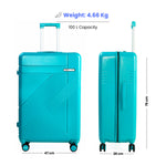 Turquoise suitcase with dimensions and weight information on a white background