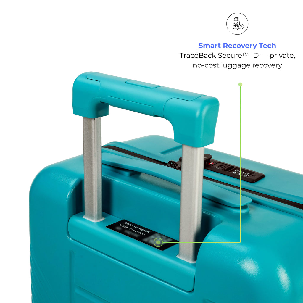 Turquoise suitcase with a handle and Smart Recovery Tech label on a white background