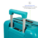 Turquoise suitcase with a handle and Smart Recovery Tech label on a white background