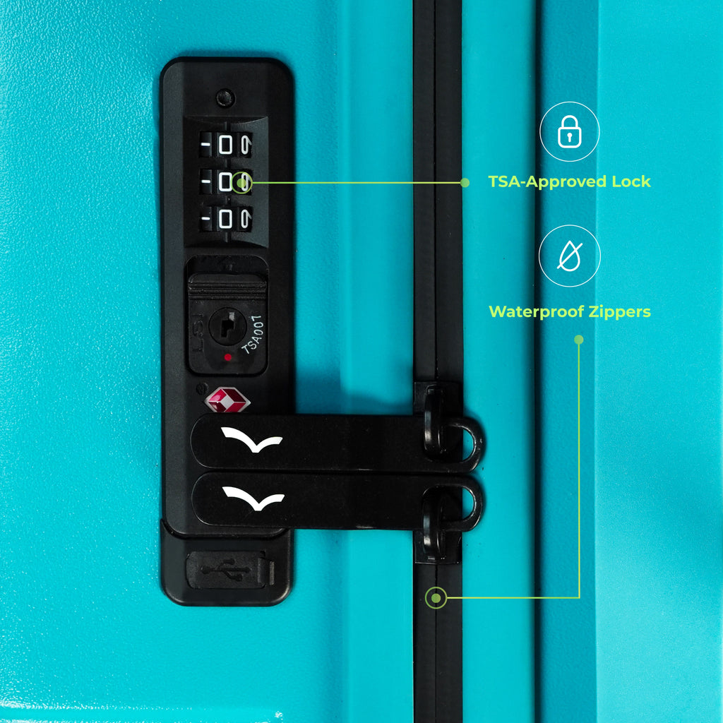 Blue suitcase with TSA-approved lock and waterproof zippers features on a blue background