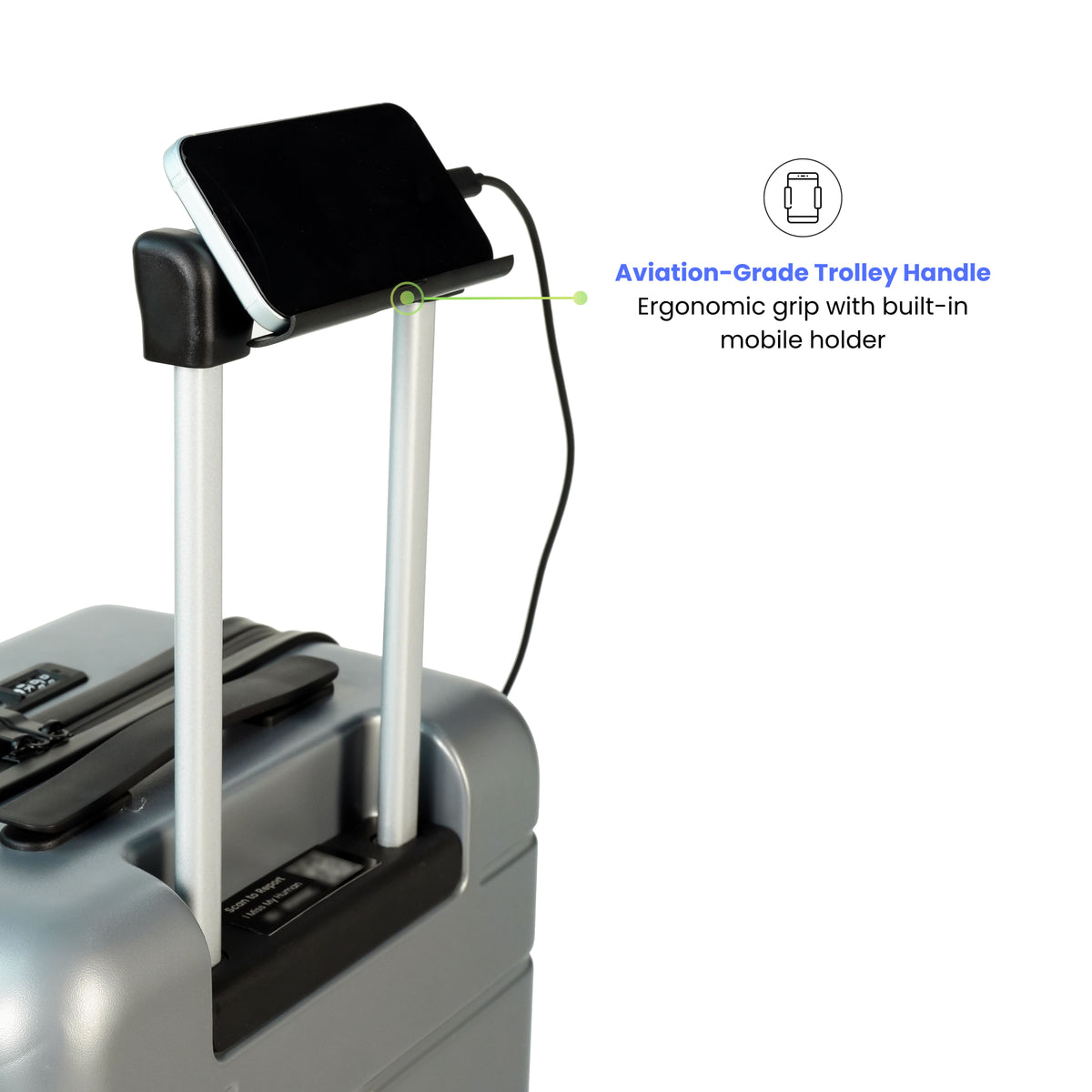 Suitcase with an ergonomic grip and built-in mobile holder on a white background