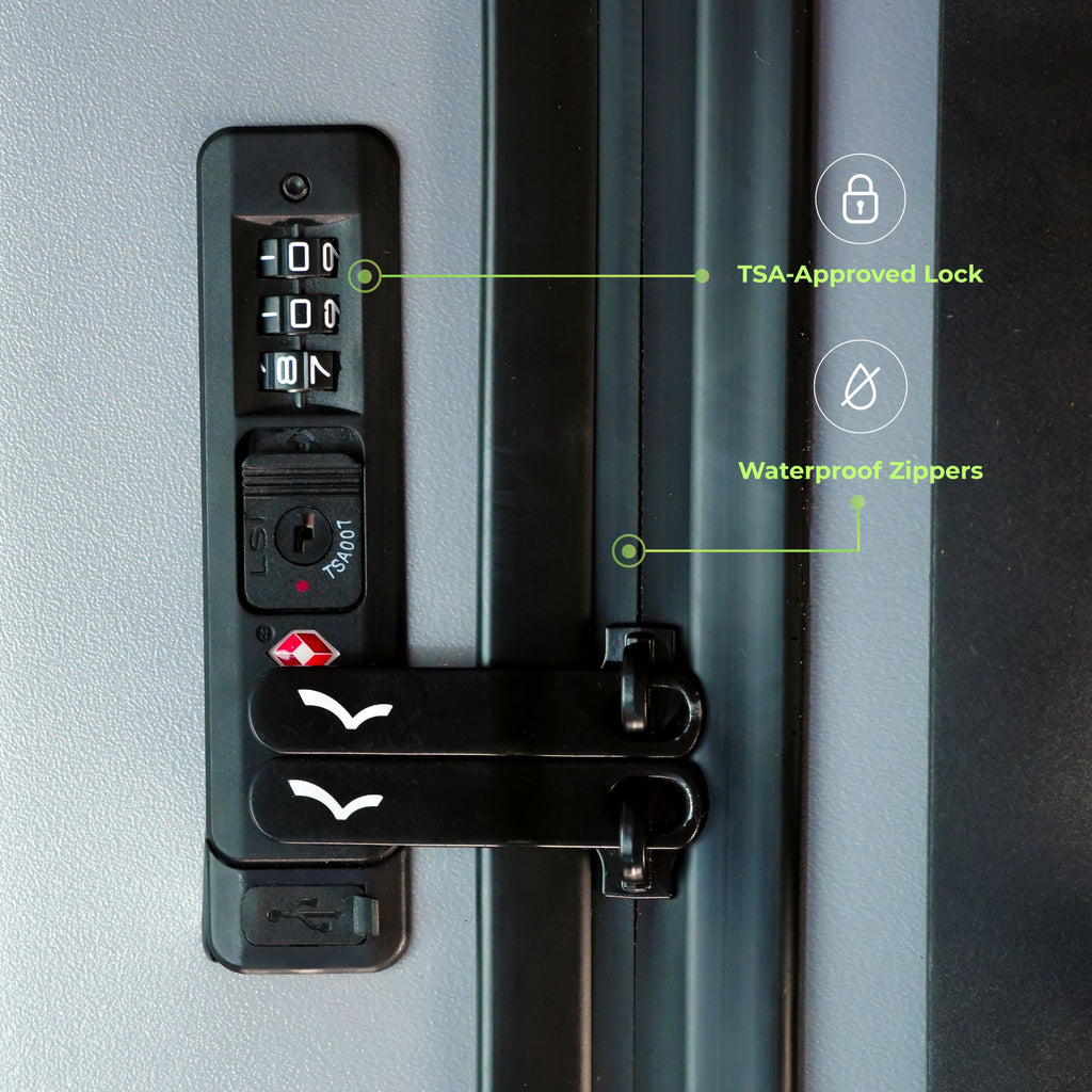 TSA-approved lock on a suitcase with labeled features.