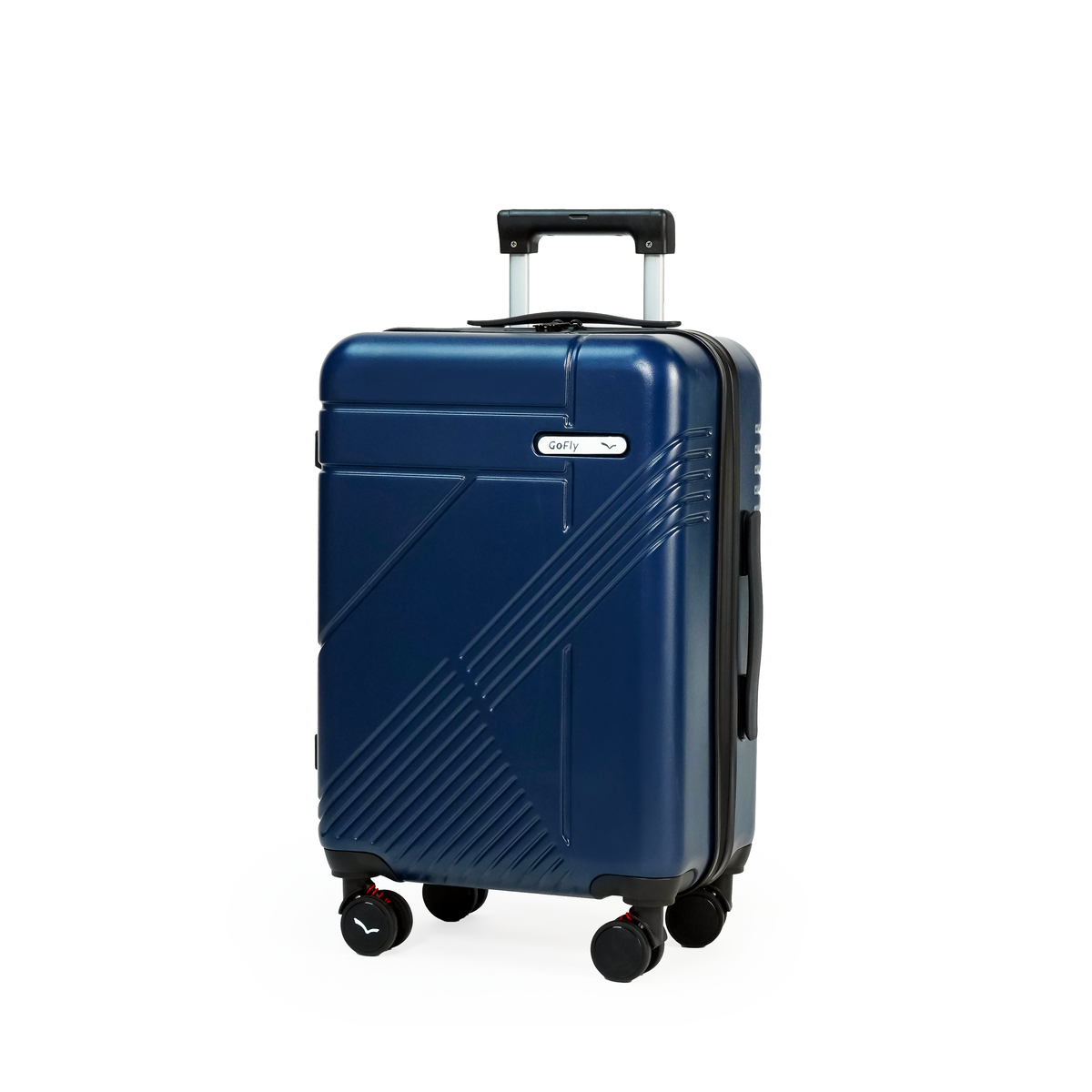 Blue suitcase with a geometric pattern on a white background